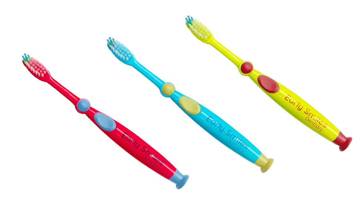 This is a group of 3 toothbrushes colored red, blue, 
			and ellow respectively.